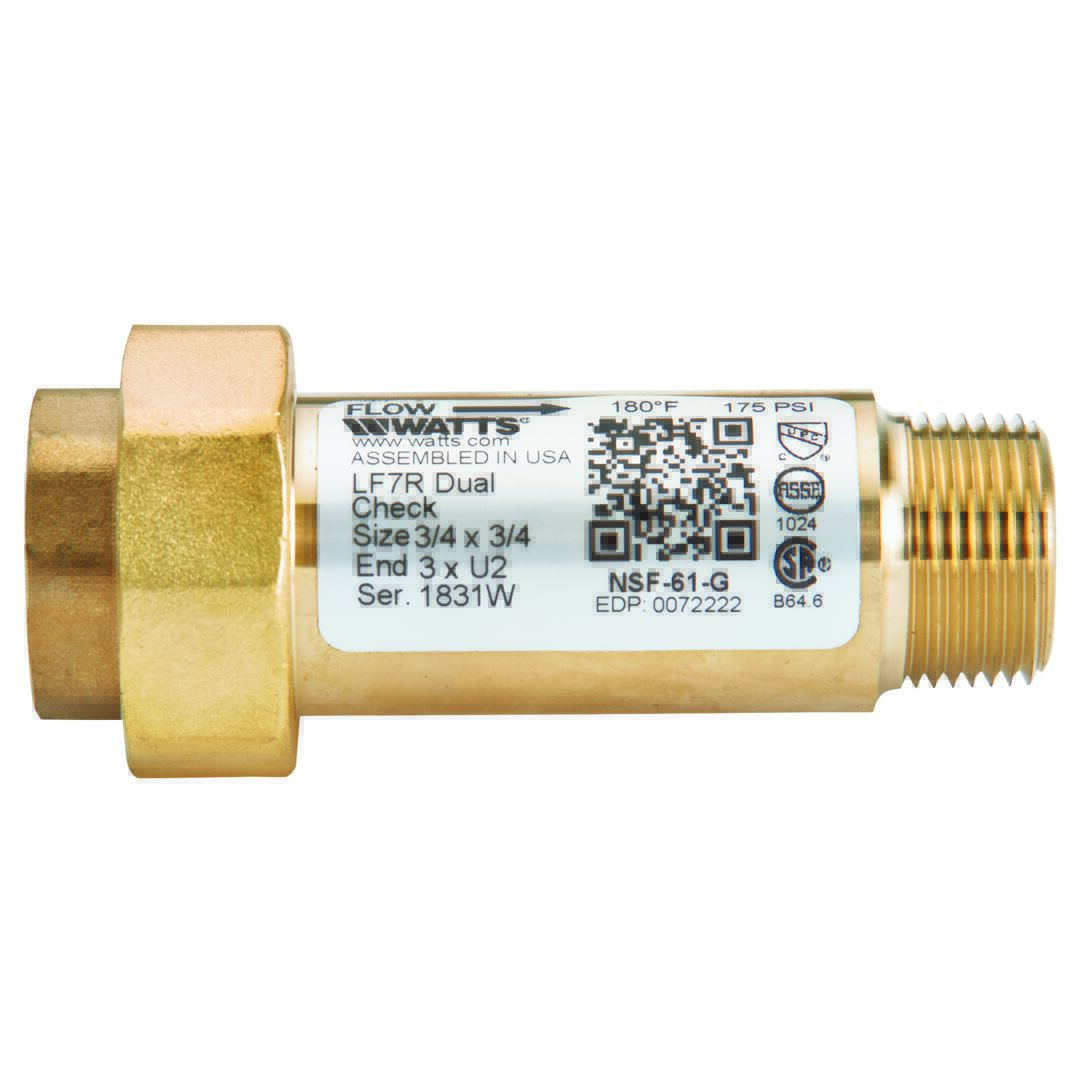 Product image 3/4 X 3/4 In Lead Free Residential Dual Check Valve, Male Npt Inlet X Union Female Npt Outlet